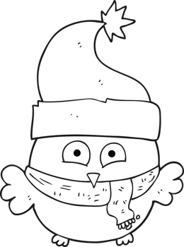 hand drawn black and white cartoon owl wearing christmas hat png
