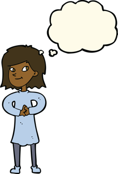 cartoon happy woman with thought bubble png