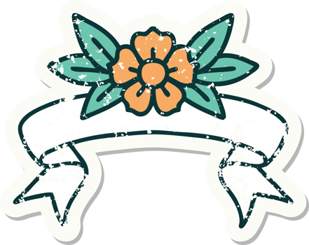 worn old sticker with banner of a flower png