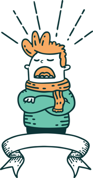 scroll banner with tattoo style man wearing scarf png
