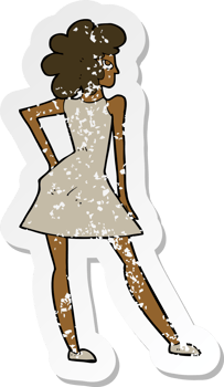 retro distressed sticker of a cartoon woman posing in dress png