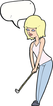 cartoon woman playing golf with speech bubble png