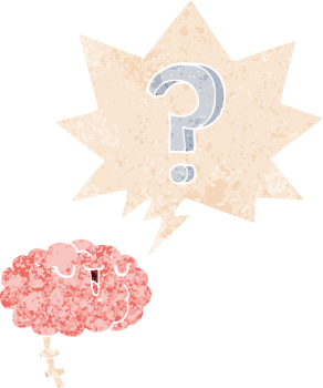 cartoon curious brain with speech bubble in grunge distressed retro textured style png
