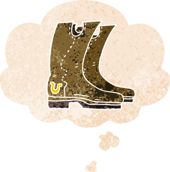 cartoon cowboy boots with thought bubble in grunge distressed retro textured style png