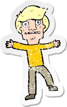 retro distressed sticker of a cartoon boy panicking drawing png