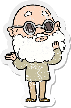 distressed sticker of a cartoon curious man with beard and glasses png