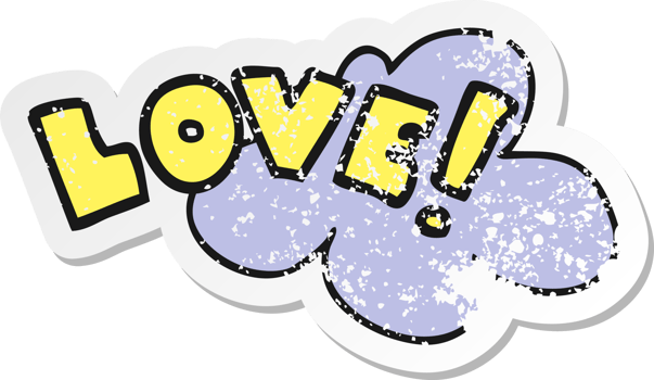 distressed sticker of a cartoon word love png