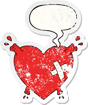 cartoon heart squirting blood with speech bubble distressed distressed old sticker png