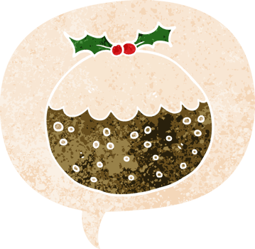 cartoon christmas pudding with speech bubble in grunge distressed retro textured style png