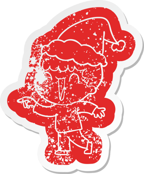laughing quirky cartoon distressed sticker of a man pointing wearing santa hat png