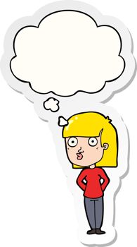cartoon woman staring with thought bubble as a printed sticker png