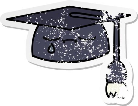 distressed sticker of a cute cartoon graduation hat png