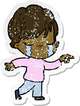 distressed sticker of a cartoon woman crying png