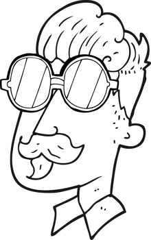 hand drawn black and white cartoon man with mustache and spectacles png