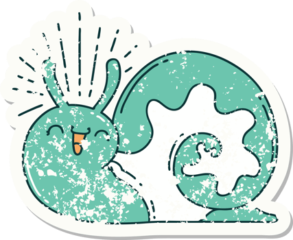 worn old sticker of a tattoo style happy snail png