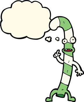 cartoon dancing christmas candy cane with thought bubble png