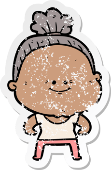 distressed sticker of a cartoon happy old woman png