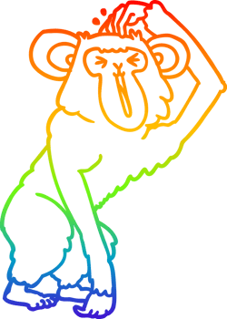 rainbow gradient line drawing of a cartoon chimp scratching head png