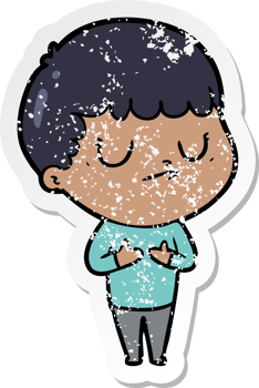 distressed sticker of a cartoon grumpy boy png