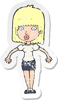 retro distressed sticker of a cartoon woman shrugging shoulders drawing png