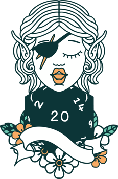 Retro Tattoo Style elf rogue character with natural twenty dice roll png