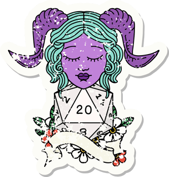 grunge sticker of a tiefling with natural twenty dice roll drawing png