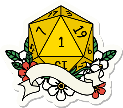 sticker of a natural one d20 dice roll png