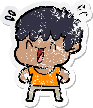 distressed sticker of a cartoon laughing boy png