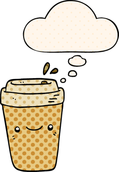 cartoon takeaway coffee with thought bubble in comic book style png