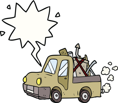 cartoon old truck full of junk with speech bubble png