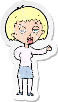 retro distressed sticker of a cartoon bored woman drawing png