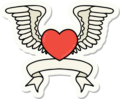 tattoo style sticker with banner of a heart with wings png