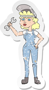 retro distressed sticker of a cartoon woman with spanner png