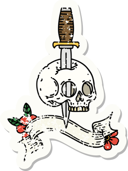 worn old sticker with banner of a skull png