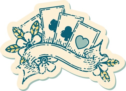 iconic distressed sticker tattoo style image of cards and banner png