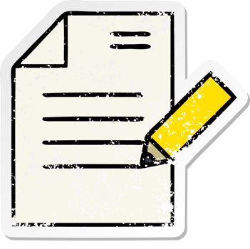 distressed sticker of a cute cartoon of writing a document png