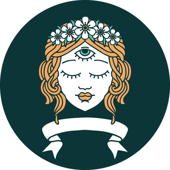 tattoo style icon with banner of female face with third eye and crown of flowers png