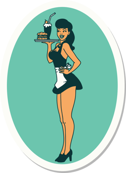 sticker of tattoo in traditional style of a pinup waitress girl png