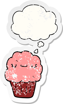 cartoon muffin with thought bubble as a distressed worn sticker png