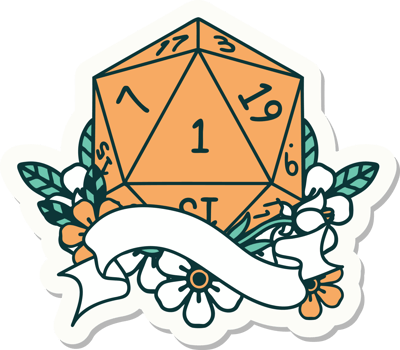 sticker of a natural one d20 dice roll png