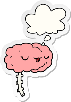 happy cartoon brain with thought bubble as a printed sticker png