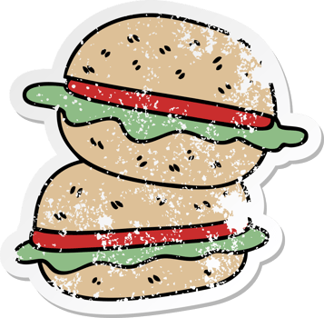 distressed sticker of a quirky hand drawn cartoon veggie burger png