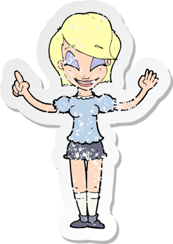 retro distressed sticker of a cartoon pretty girl with idea png