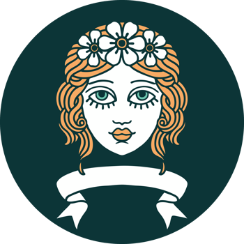 tattoo style icon with banner of female face with crown of flowers png