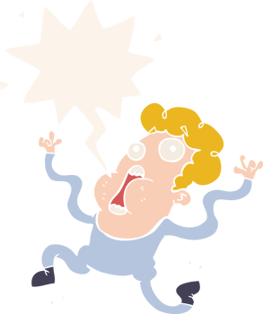 cartoon terrified man with speech bubble in retro style png