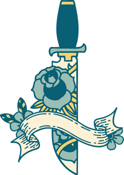 traditional tattoo with banner of a dagger and flowers png