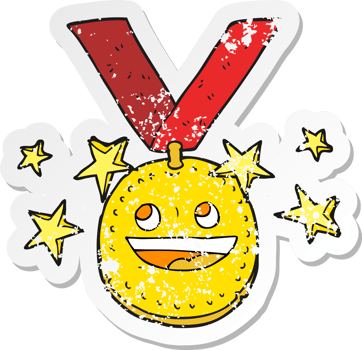 retro distressed sticker of a cartoon happy sports medal png