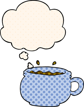 cartoon hot cup of coffee with thought bubble in comic book style png