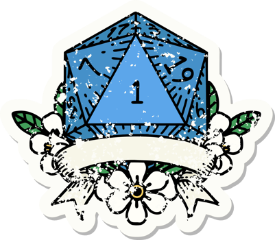 grunge sticker of a natural one d20 dice roll png
