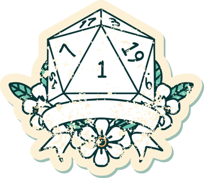 Retro Tattoo Style natural one d20 dice roll png